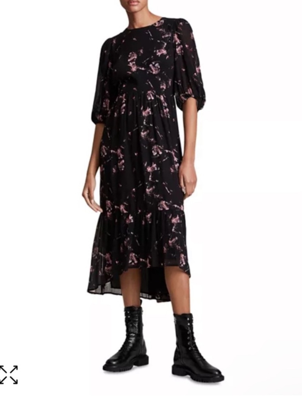 All Saints High Low Midi Dress in Black with Pink Floral Accents